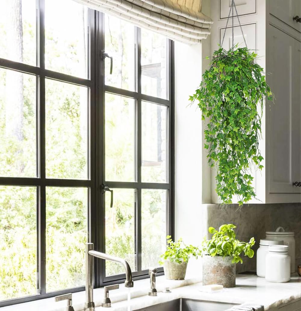 RECUTMS Artificial Hanging Plants Fake Hanging Plant Faux Eucalyptus Leaf Greenery Vine Outdoor UV Resistant Plastic Plants Home Garden Wedding Party Indoor Outdoor Decorations(White)