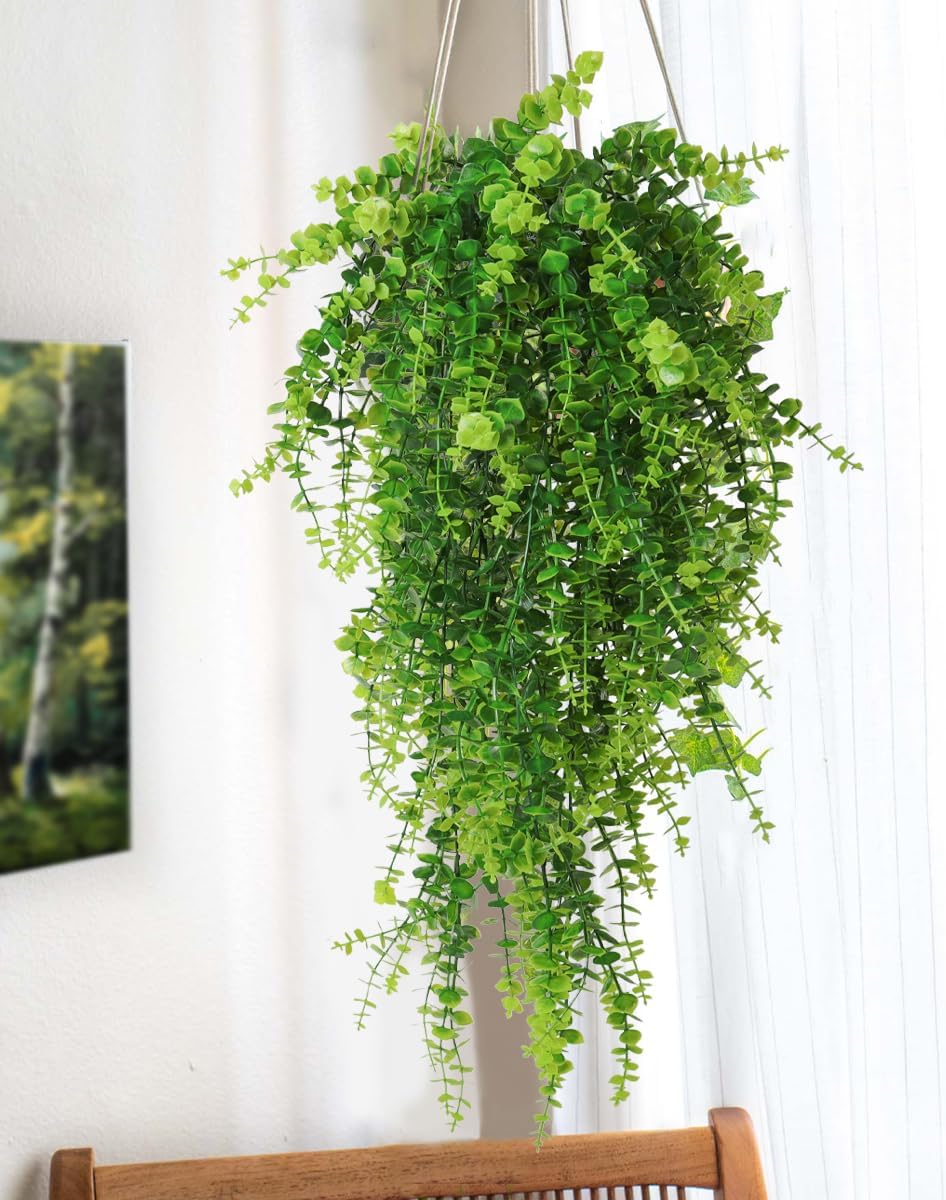 RECUTMS Artificial Hanging Plants Fake Hanging Plant Faux Eucalyptus Leaf Greenery Vine Outdoor UV Resistant Plastic Plants Home Garden Wedding Party Indoor Outdoor Decorations(White)