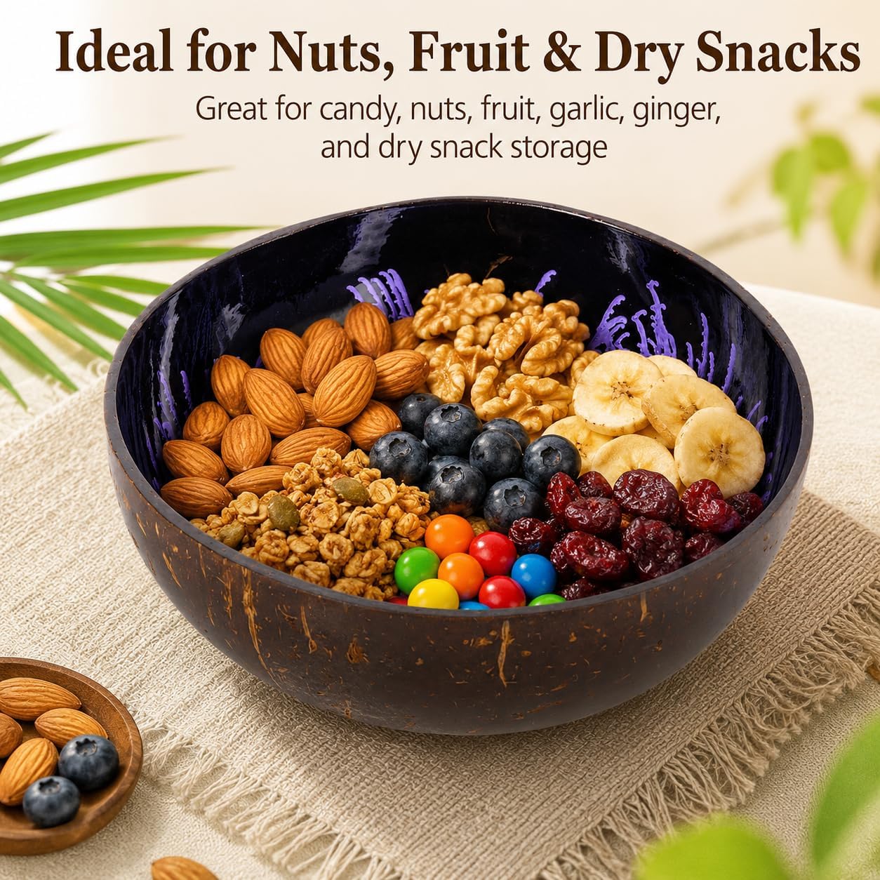 ChezMax Natural Coconut Bowl with Mother of Pearl Inlays - Key Bowl & Fruit Snack Holder (Blue-Gold)