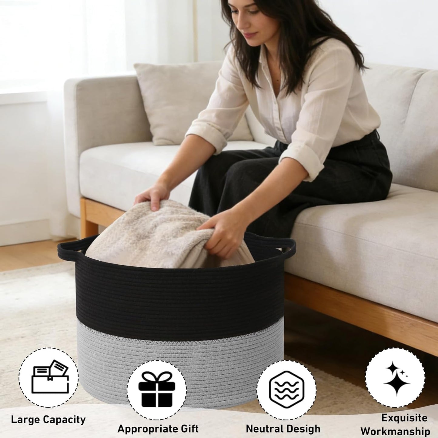 Large Woven Blanket Basket,65L Cotton Rope Laundry Basket Hamper with Handles, Decorative Nursery Basket Storage Bin for Toys, Clothes Organizer, Living Room, Bedroom, Bathroom, White & Brown