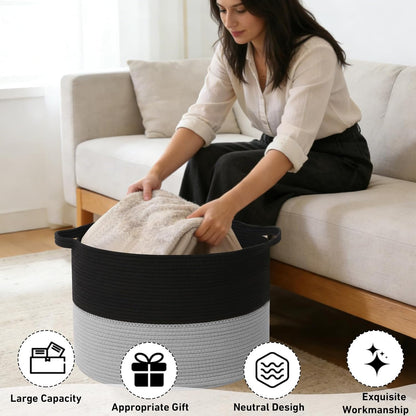 Large Woven Blanket Basket,65L Cotton Rope Laundry Basket Hamper with Handles, Decorative Nursery Basket Storage Bin for Toys, Clothes Organizer, Living Room, Bedroom, Bathroom, White & Brown