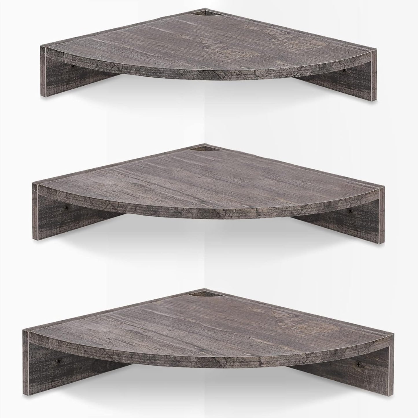 Homode Corner Shelf Wall Mount, Set of 3 Floating Corner Shelves with Cord Hole, 3 Tier Wood Wall Display Shelf, Storage for Bathroom Living Room Kitchen Bedroom, Rustic Brown and Black