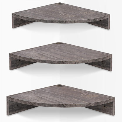 Homode Corner Shelf Wall Mount, Set of 3 Floating Corner Shelves with Cord Hole, 3 Tier Wood Wall Display Shelf, Storage for Bathroom Living Room Kitchen Bedroom, Rustic Brown and Black