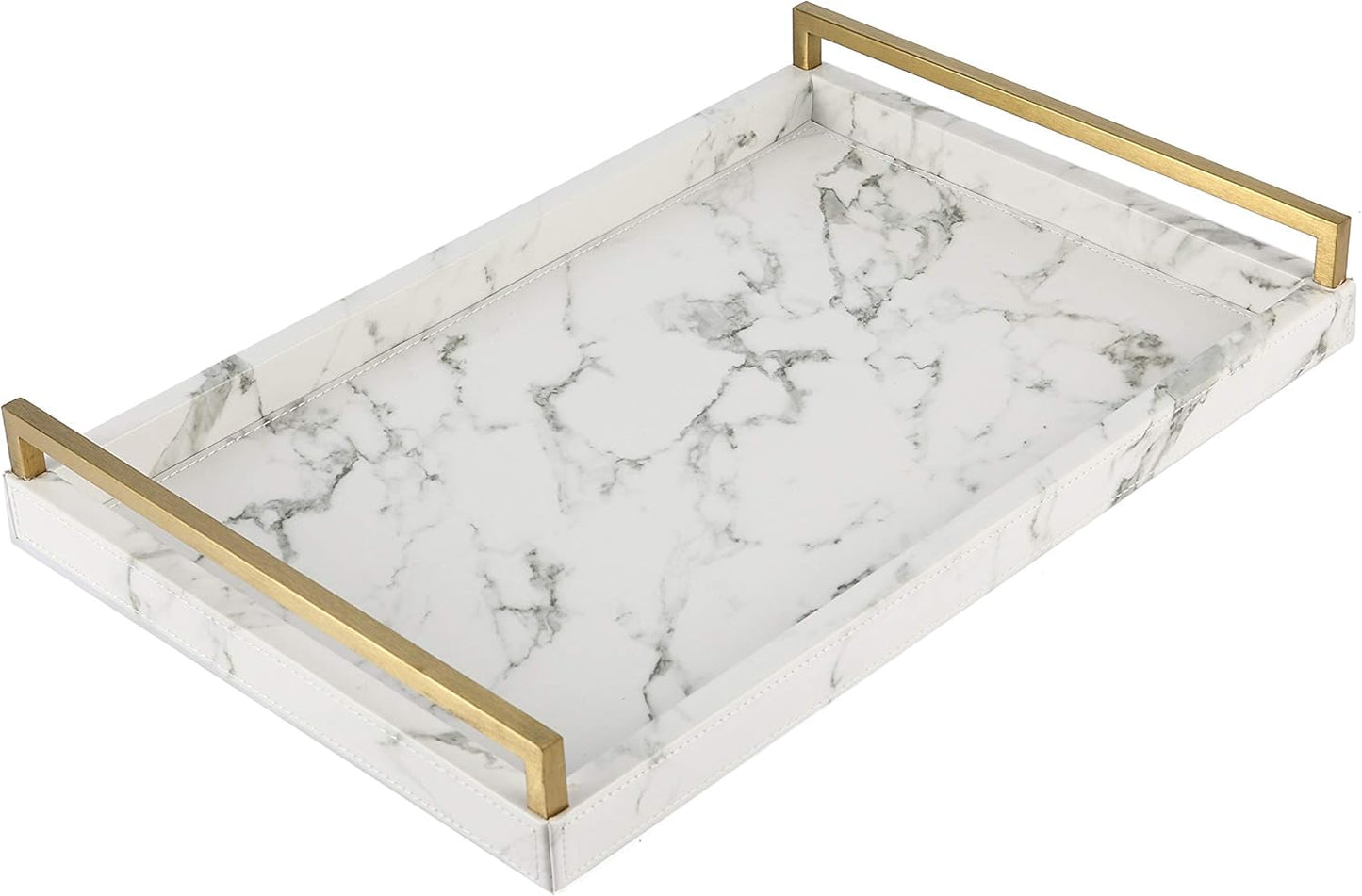 Ivory Shagreen Leather Serving Tray with Gold Handles-17.7x11.8 Inch Large Wooden Decorative Ottoman Tray fro Coffee Table, Kitchen, Dining, and Home Decor (Ivory)
