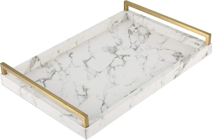 Ivory Shagreen Leather Serving Tray with Gold Handles-17.7x11.8 Inch Large Wooden Decorative Ottoman Tray fro Coffee Table, Kitchen, Dining, and Home Decor (Ivory)