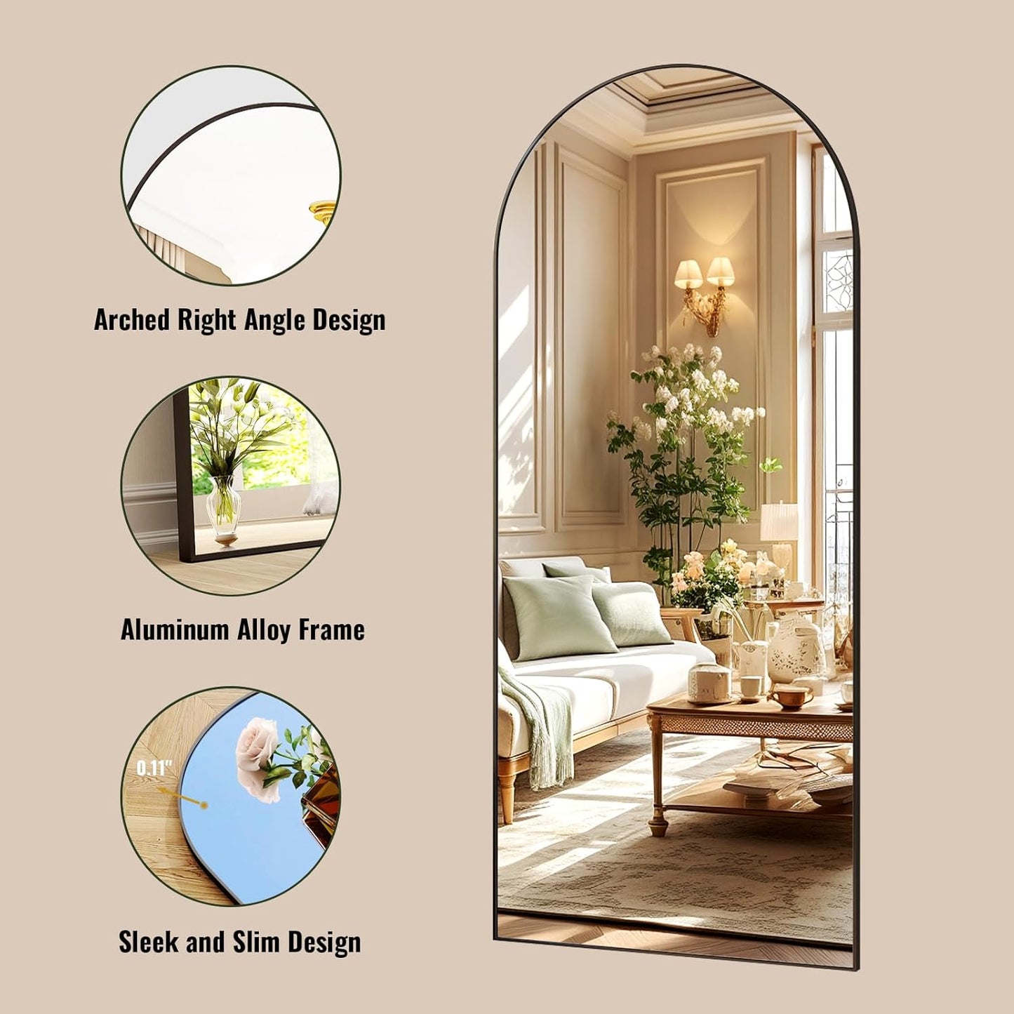 XRAMFY 56"x21" Arched Full Length Mirror Floor Mirrors with Aluminum Alloy Frame Free-Standing Wall Mounted Floor Mirrors or Large Dressing Mirror, Black Mirror Full Length