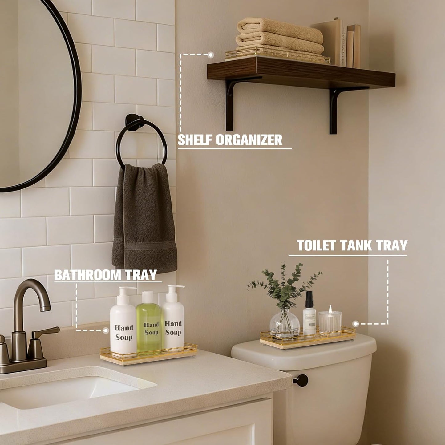 Bathroom Vanity Tray for Countertop, 12" x 6" Acacia Wood Toilet Tank Tray with Metal Guardrail, Bathroom Organizer for Soap, Perfume & Skincare, Non-Slip Decorative Tray for Dresser, Black & Acacia