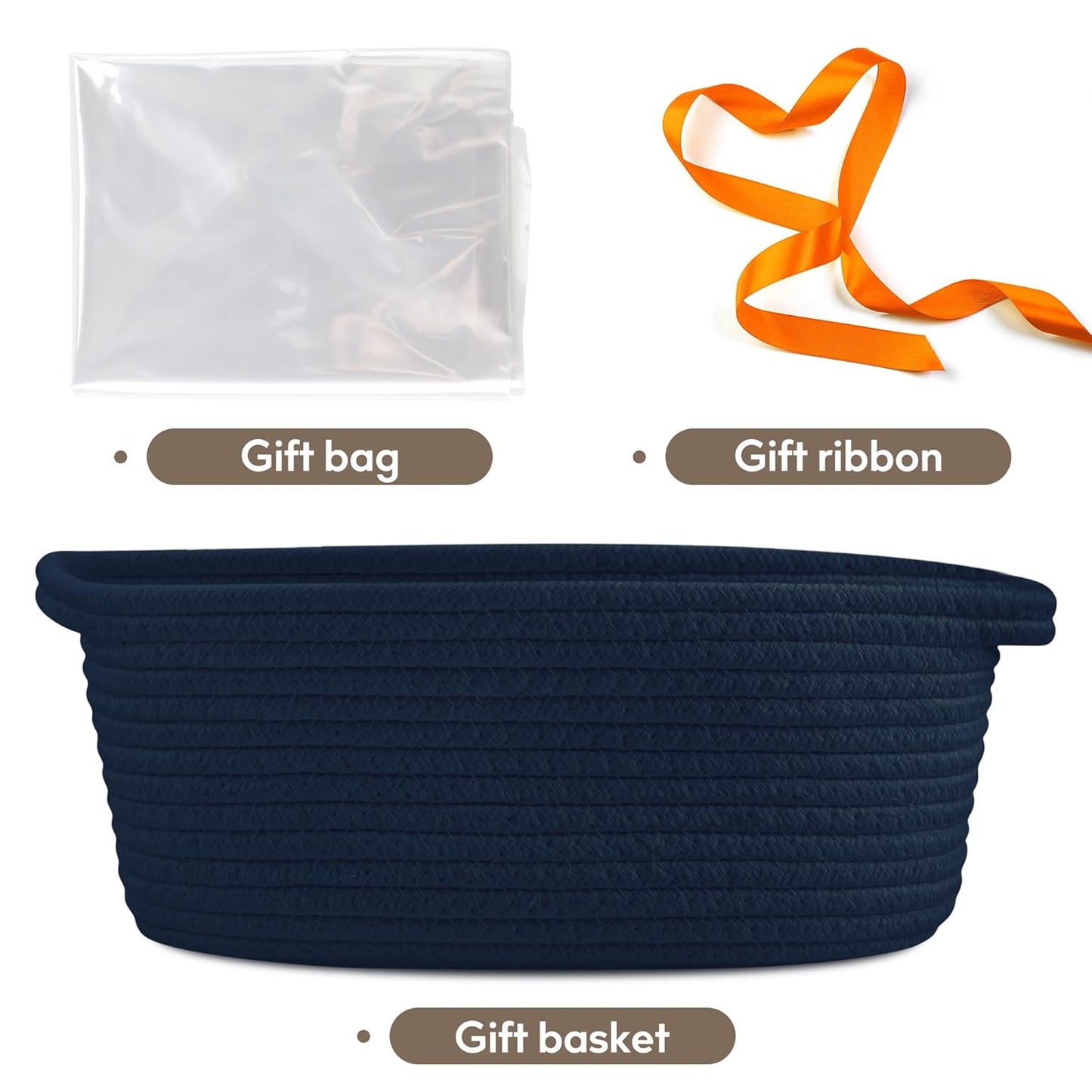 Pro Goleem Small Woven Basket with Gift Bags and Ribbons Durable Baskets for Mothers Day Gifts Empty Small Rope Basket for Storage 12"X 8" X 5" Baby Toy Baskets with Handles, White
