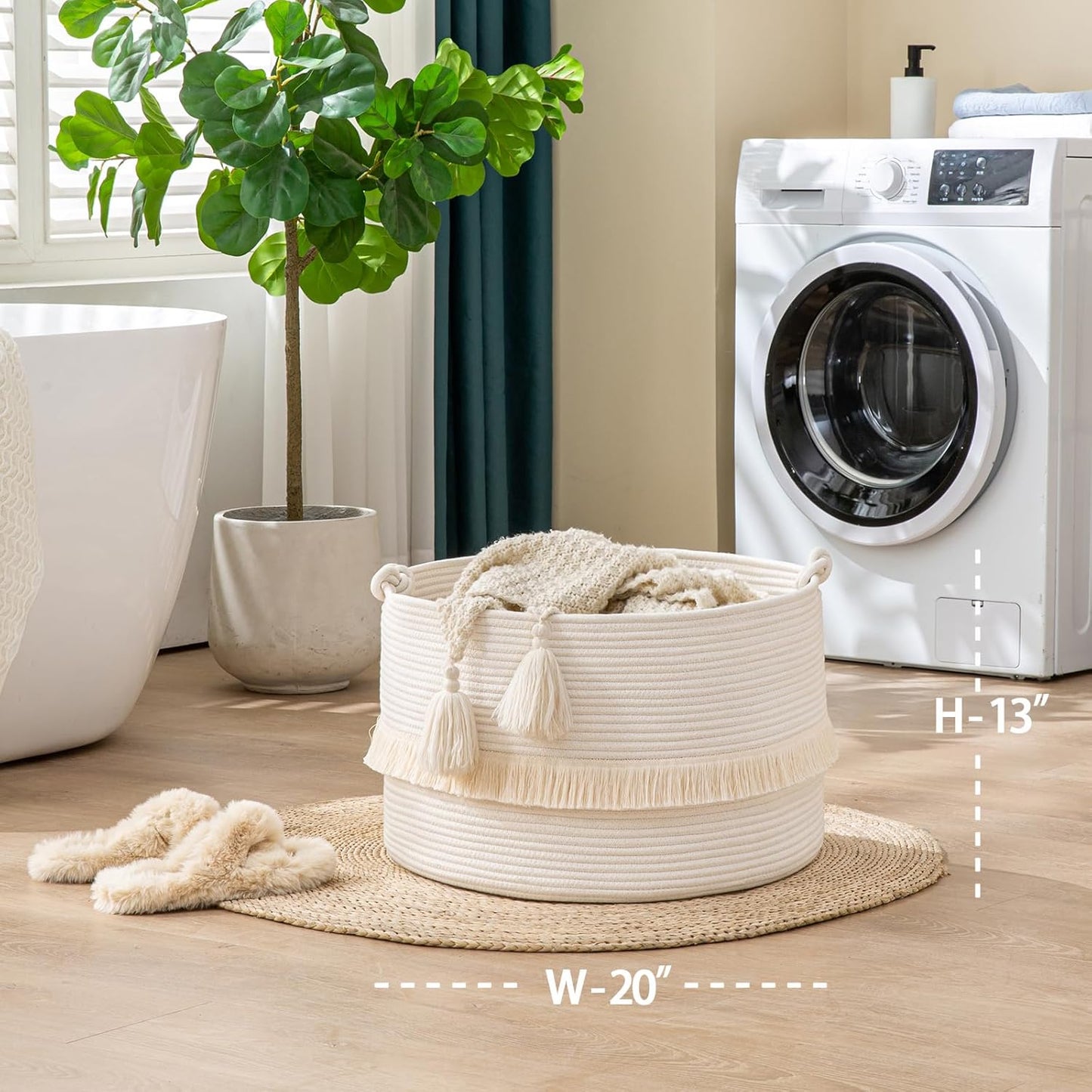 KAKAMAY Large Blanket Basket (20"x13"),Woven Baskets for storage Baby Laundry Hamper, Cotton Rope Blanket Basket for Living Room, Laundry, Nursery, Pillows, Baby Toy chest (White/Brown)