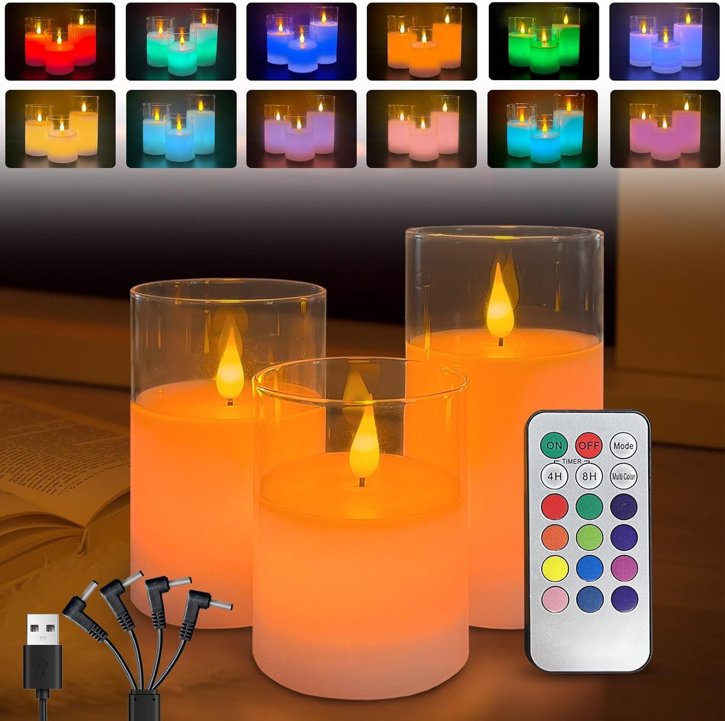 Rechargeable Flameless Glass Pillar Candles–Gifts for Women,–Set of 3, Realistic Flickering LED Light,Remote & Timer, Ideal for Living Room, Bedroom & Festival Wedding Home Party Decor