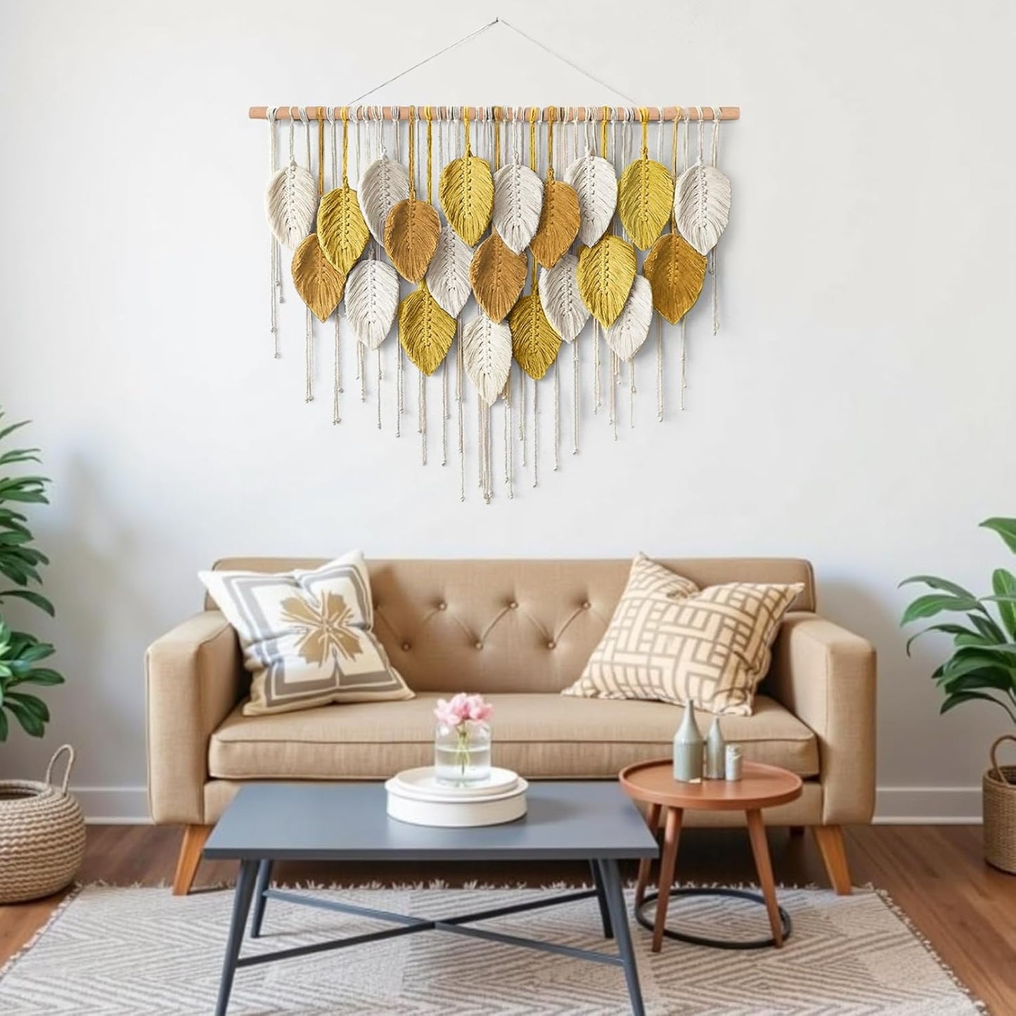 KHOYIME Large Macrame Wall Hanging Boho Woven Tapestry, Chic Home Decor Modern Bohemian Handmade Leaf Feather Wall Art Decorations for Apartment Dorm Living Room Bedroom Nursery Backdrop 39"W X 29.5"L