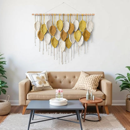 KHOYIME Large Macrame Wall Hanging Boho Woven Tapestry, Chic Home Decor Modern Bohemian Handmade Leaf Feather Wall Art Decorations for Apartment Dorm Living Room Bedroom Nursery Backdrop 39"W X 29.5"L