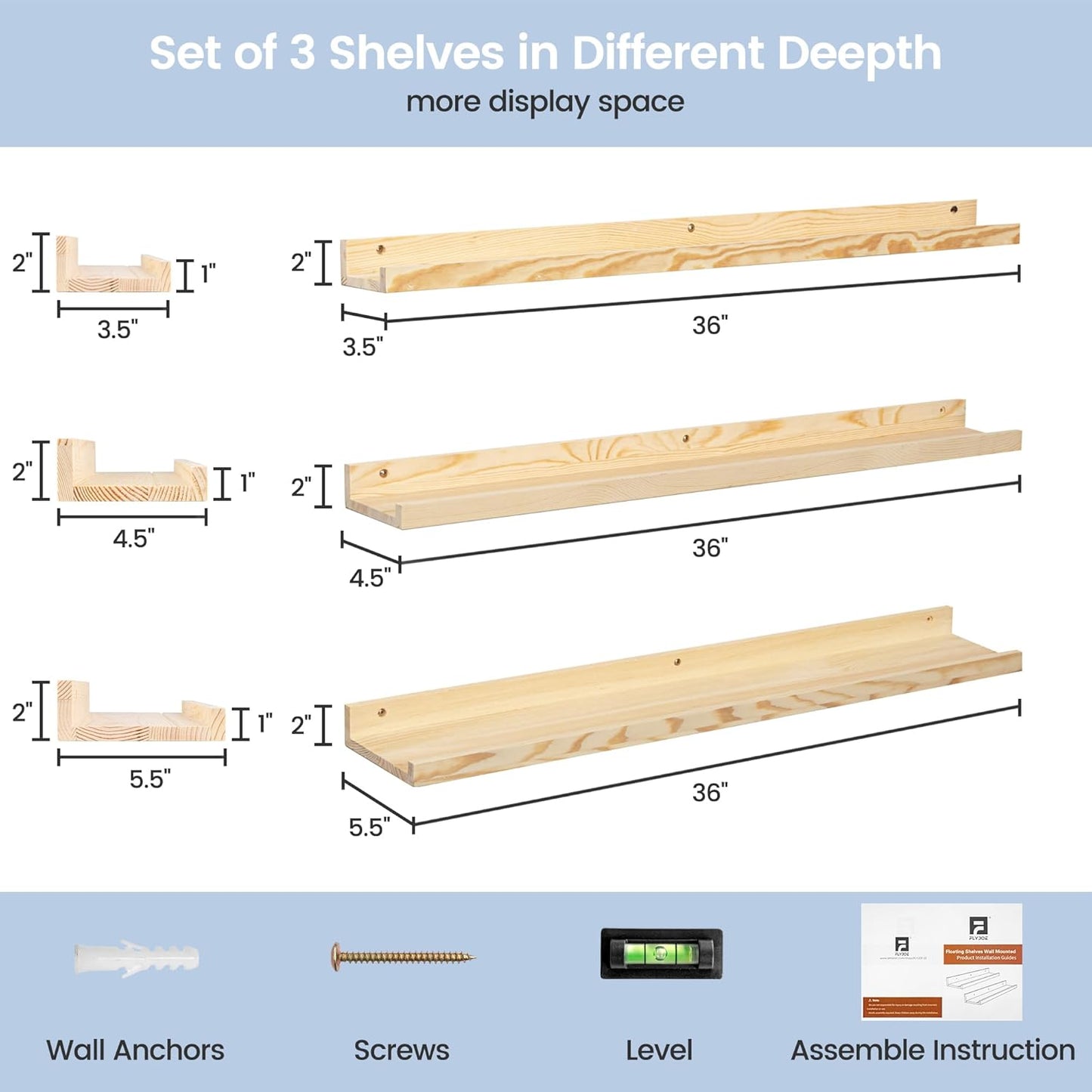 FLYJOE Picture Ledge Shelf, Floating Shelves Set of 2, Solid Pine Wood 55'' Long Large Nursery Book Shelves for Toys Storage, Kids Bookshelf for Living Room Bedroom Decor Books Photo Frames, Walnut