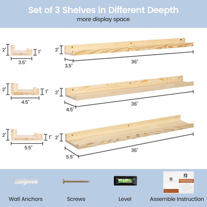 FLYJOE Picture Ledge Shelf, Floating Shelves Set of 2, Solid Pine Wood 55'' Long Large Nursery Book Shelves for Toys Storage, Kids Bookshelf for Living Room Bedroom Decor Books Photo Frames, Walnut