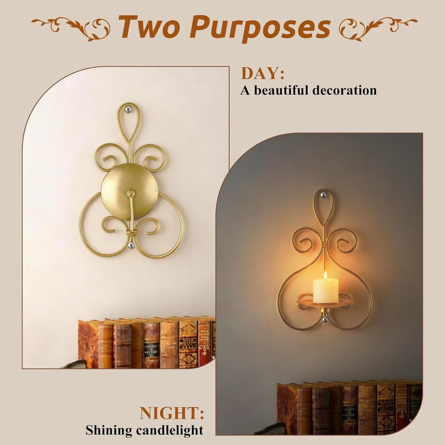 Wall Candle Sconces Set of 2, Double Scroll Pattern Candle Sconces, Metal Wall Candle Holder for Home Decor, Living Room, Dining Room, Bedroom, Black, Gifts for Men Women Mom or Dad