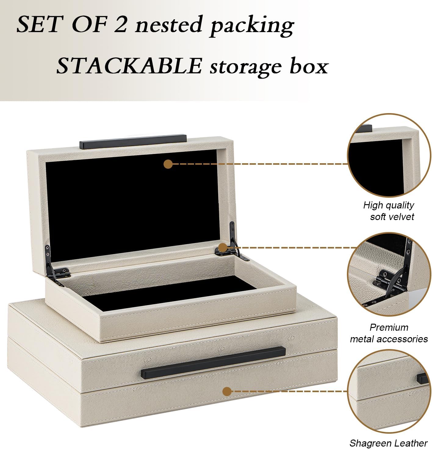 Set of 2 Beige Shagreen Decorative Storage Boxes with Gold Metal Handles – Faux Leather Jewelry & Memory Boxes, Nesting Photo Organizers for Home Decor