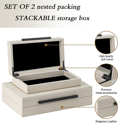 Set of 2 Beige Shagreen Decorative Storage Boxes with Gold Metal Handles – Faux Leather Jewelry & Memory Boxes, Nesting Photo Organizers for Home Decor