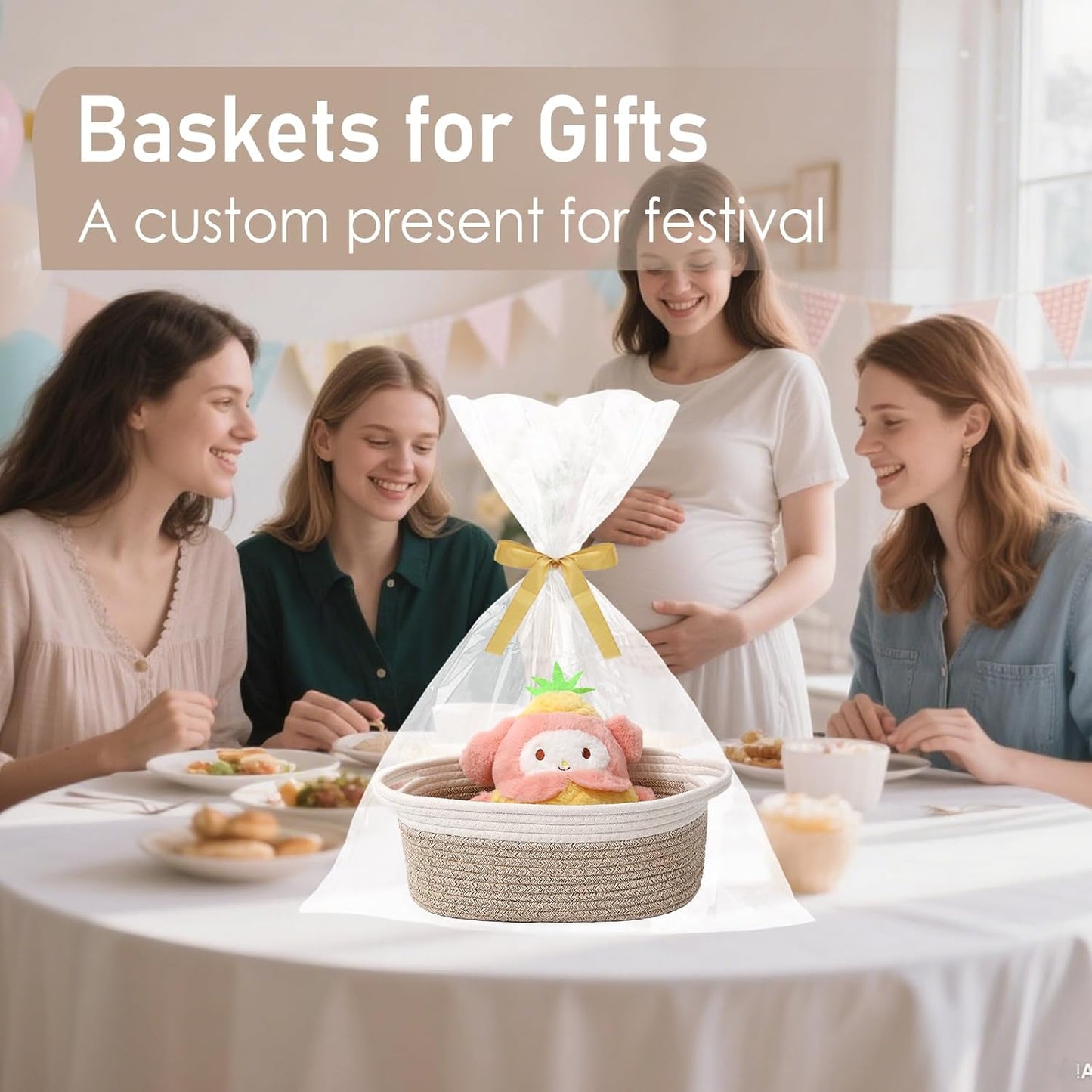 JMvicyroam Woven Basket,Small Rope Storage Bin with Handles & Ribbon Bag, Organizer for Shelves Closets,Gift Basket Empty for Birthday,Books,Dog Toys,White