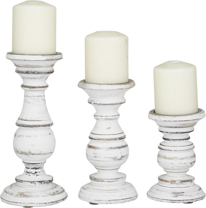 Deco 79 Mango Wood Decorative Candle Holder Distressed Turned Pillar Candle Stand, Set of 3 Candlestick Holder 6", 8", 10"H, Light Blue