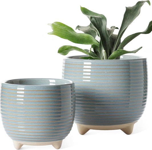 LE TAUCI Ceramic Plant Pots, 5.1 + 6.4 Inch Footed Pots for Plants, Modern Flower Pots for Home and Office, Indoor Planters with Drainage, Reactive Glaze White