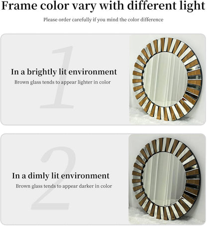 Round Wall Mirror Decorative Sunburst Silver-Brown Crystal Edge 32 inch
