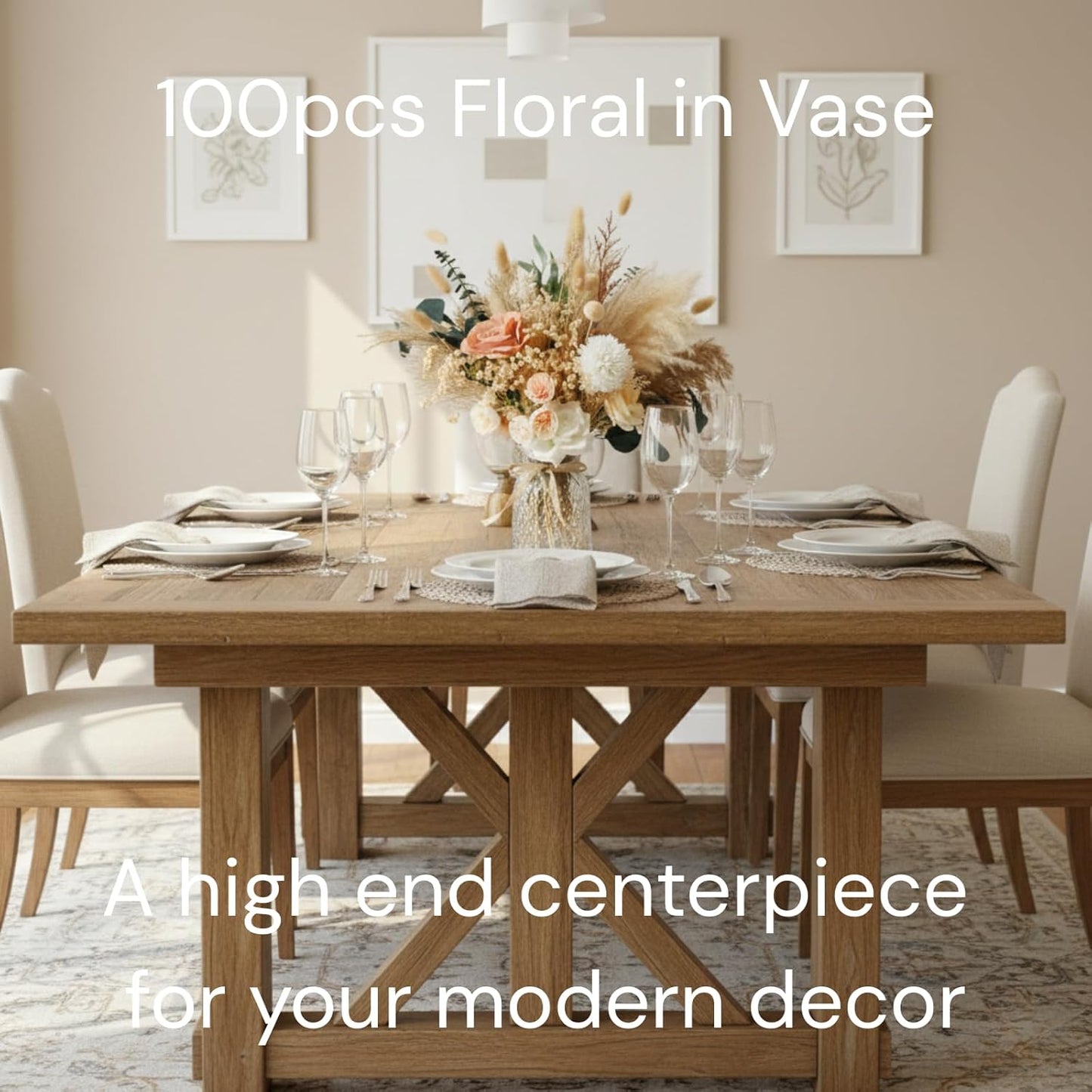 100pcs Artificial Flowers Arrangement With Vase Included, Dining Table Centerpiece Decorations, Fake Flowers in Vase, Dried Pampas Grass Floral Centerpieces, Coffee Table Decor, Centro de Mesa