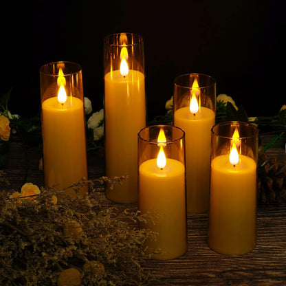 Amagic Pure White Flameless Candles, Battery Operated Candles, Acrylic Flickering LED Pillar Candles with Remote Control and Timer, 3D Wick, Yellow and Blue Glow, D2.2 xH5 5" 6" 7" 8", Set of 5
