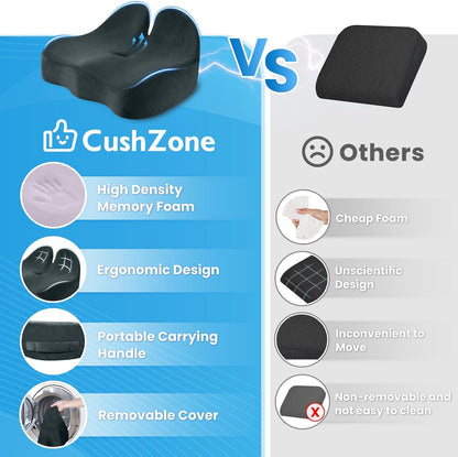 CushZone Seat Cushion, Ergonomic Memory Foam Seat Cushions for Office Chairs, Car, Long Trip, Desk Chair, Lab, Extra Large Size for Sciatica & Hip & Tailbone Pain Relief, Sciatica Support (Black)