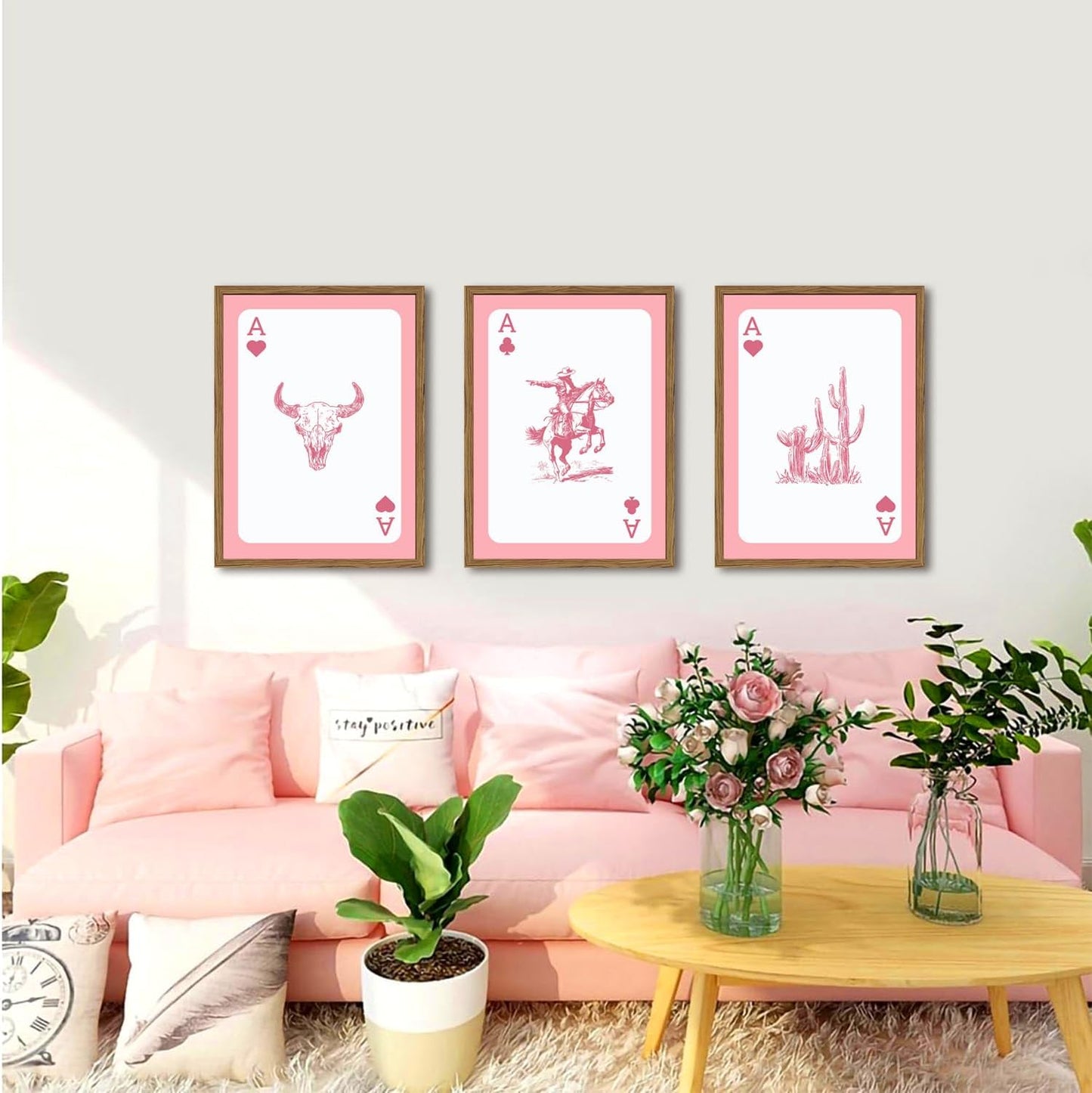 Western Wall Art Set of 3, Southwestern Cowboy Playing Card Wall Decor, Longhorn Bull Skull and How Lucky are We Poster Canvas Painting Prints for Bedroom Living Room 12x16 inch Wood Framed