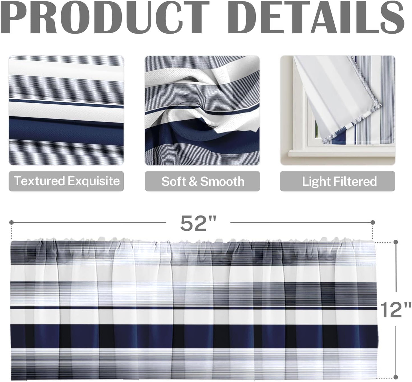Emvency 2 Pack Dark Grey Valances Window Treatments, Gray Striped Abstract Blackout Drapes Adjustable Curtain for Windows Living Room Kitchen Over Sink, 52x18 Inch Rod Pocket Valances