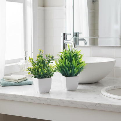 CEWOR Fake Plants 2 Pack Mini Potted Plants Bathroom Accessories Small Artificial Greenery Decorations for Bathroom Office Home Room Kitchen Table Indoor