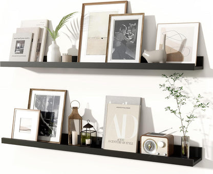 Fun Memories Picture Ledge Shelves Set of 2, 32 Inch Rustic Wall Mounted Floating Shelves with Lip for Home Storage and Décor in Bathroom, Kitchen, Nursery, Bedroom, Living Room, Walnut