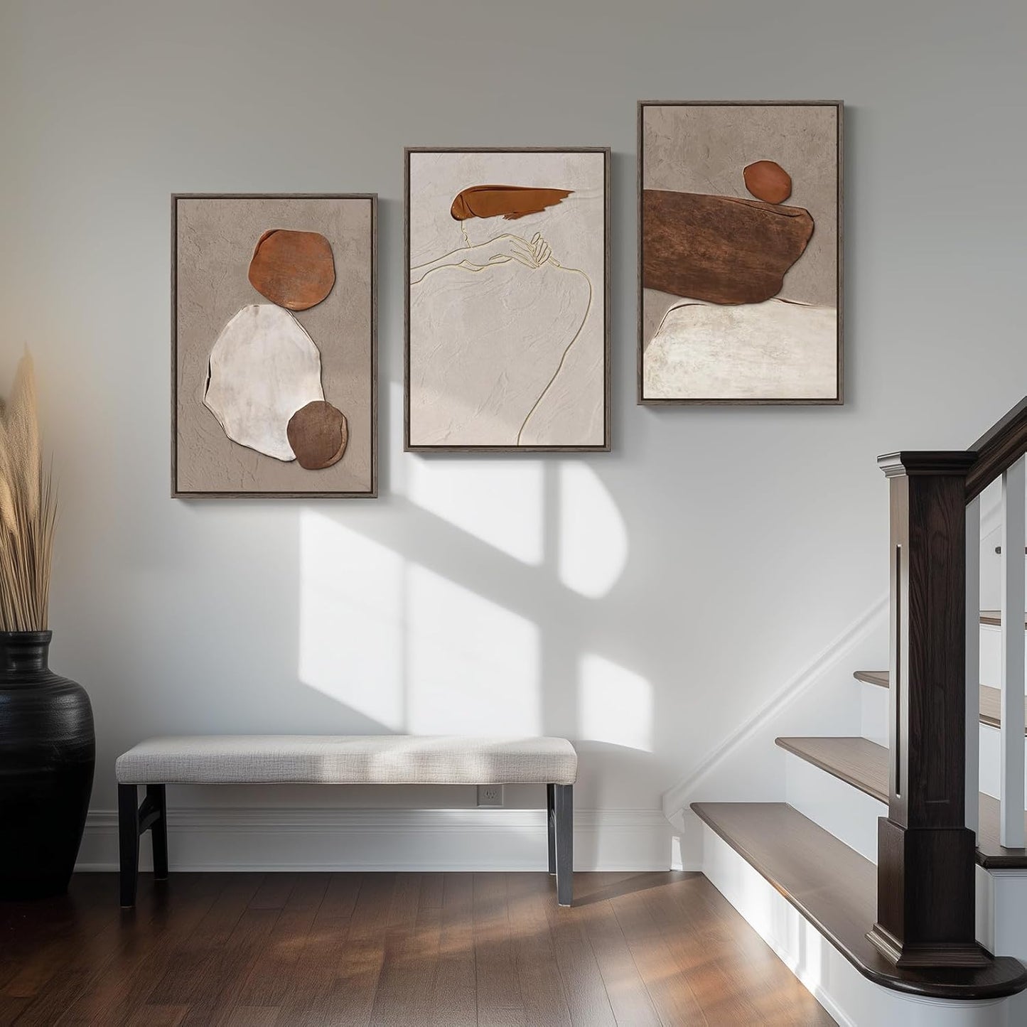 Large Framed Neutral Abstract Wall Art for Living Room, 3 Piece Modern Canvas Prints Paintings Artwork for Walls, Black and Beige Pictures for Living Room Hallway Stair Office Wall Decor 24x36 Inch