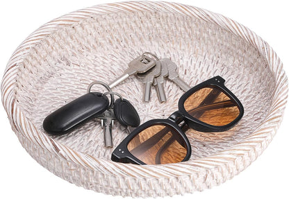 Hipiwe Small Key Basket Bowl for Entryway 7.6" Round Woven Wicker Basket Fruit Serving Tray Woven Basket Wall Decor Rattan Organizer Basket for Keys, Wallet,Whitewash