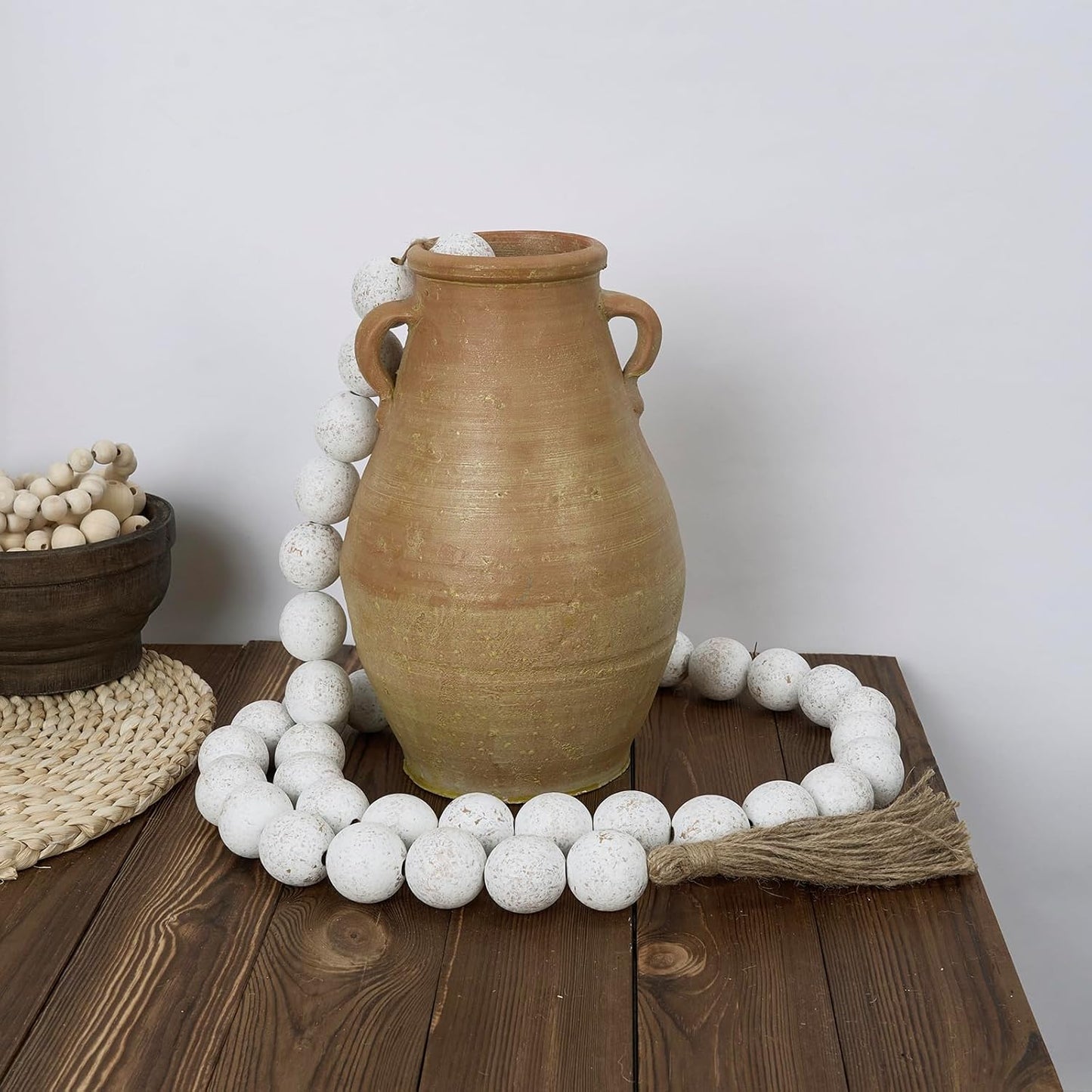 OMISHE Extra Large Wood Bead Garland with 1.6" Diameter Wooden Beads and Tassels, 41" Long Rustic Farmhouse Country Decorative Beads for Home Tiered Tray Decor, Natural Beige