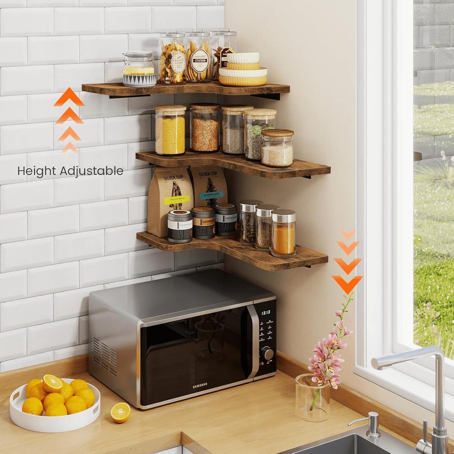 Homode Corner Floating Shelves, Set of 3 Corner Wall Shelves with Wire Hole, L-Shaped Wood Hanging Storage Shelf for Wall Decor, for Bathroom Kitchen Bedroom, White
