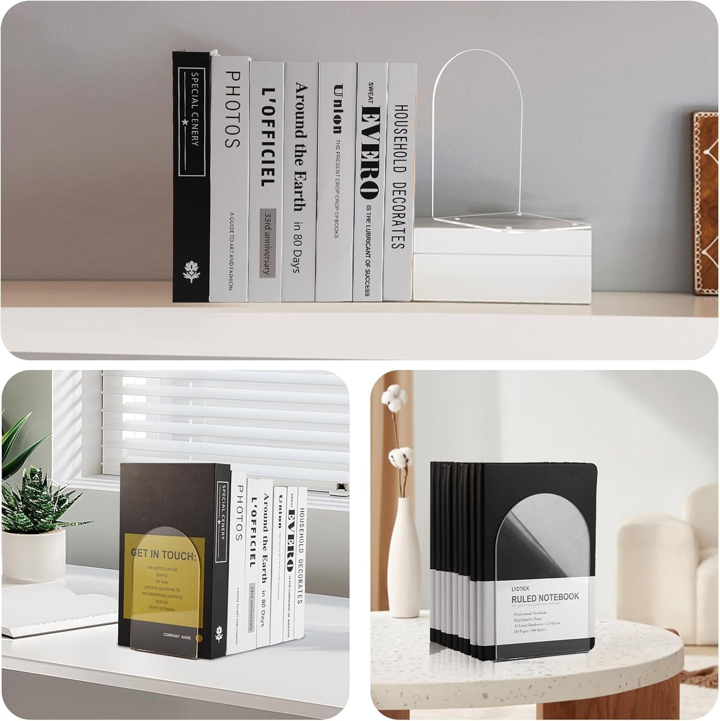 Adwikoso Book Ends for Shelves Clear Acrylic Bookends for Heavy Books Organizer Book Stopper to Hold Books for Home Office School and Desktop Decoration(Circular Arc) (8)