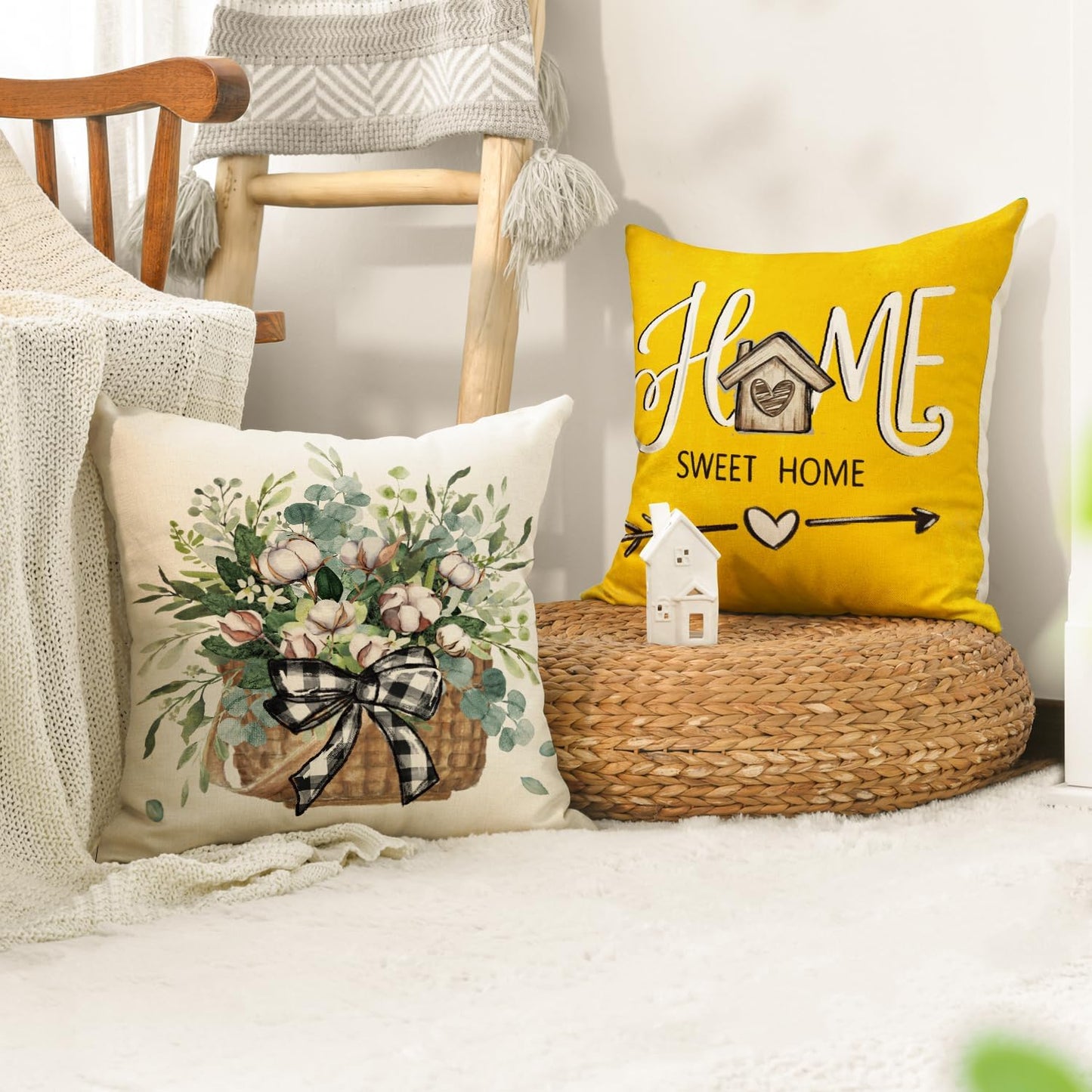 AVOIN colorlife Bless Our Home Farmhouse Eucalyptus Leaves Throw Pillow Covers, 18 x 18 Inch Truck Home Sweet Home Cushion Case Decorations Set of 4