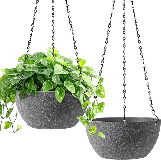 T4U Hanging Planters for Indoor Plants, 10 Inch Hanging Planter Outdoor 2 Pack, Hanging Basket with Drainage Holes, Hanging Plant Holder Indoor, Flower Pots, Plant Pots for Garden, Grey