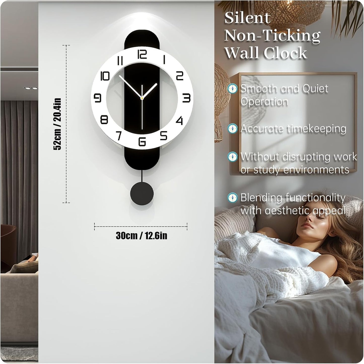 Decorative Wall Clock for Living Room Decor Large Modern Wall Clocks with Pendulum Battery Operated for Bedroom Office Kitchen Home Small Black Silent Wall Clock Non Ticking 11.8*22.4 Inch
