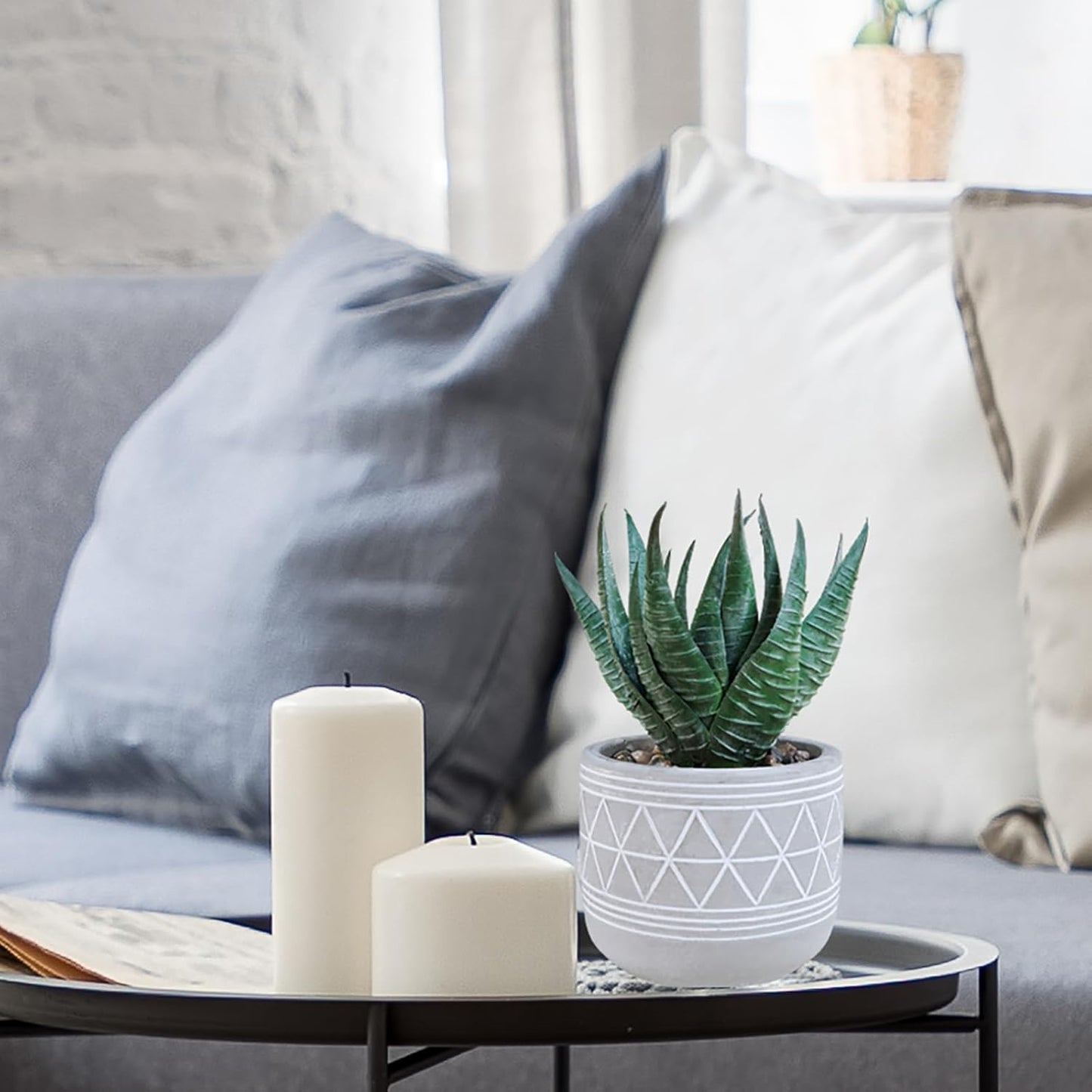 Winlyn Set of 3 Mini Faux Succulent Potted Plants Artificial Aloe Hops String of Pearls Fake Succulents in Gray Geometric Concrete Pots for Home Office Table Shelf Kitchen Living Room Boho Décor