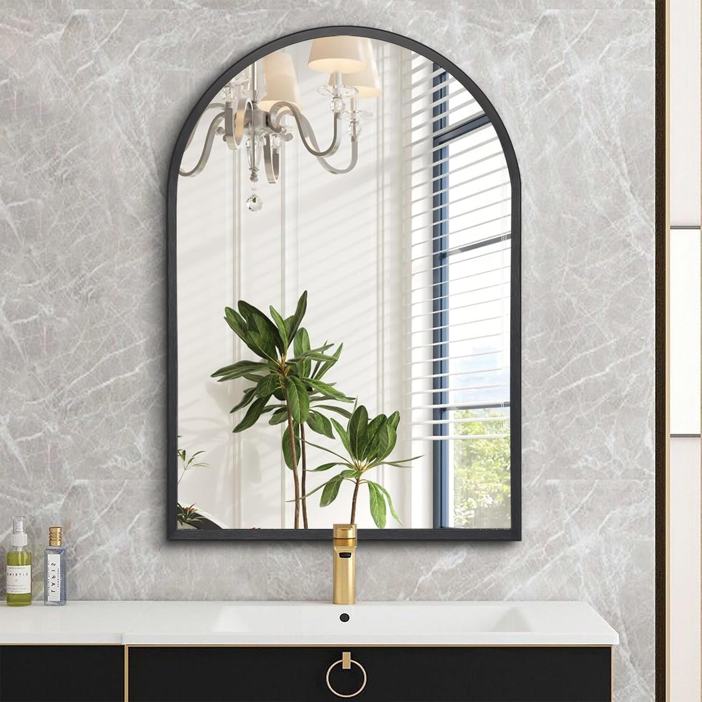 Black Arched Mirror, Modern Bathroom Wall Mirror Aluminum Alloy Framed Mirror Brushed Metal Vanity Wall Mounted Mirror for Livingroom Bedroom Entryway Room 16"x12"