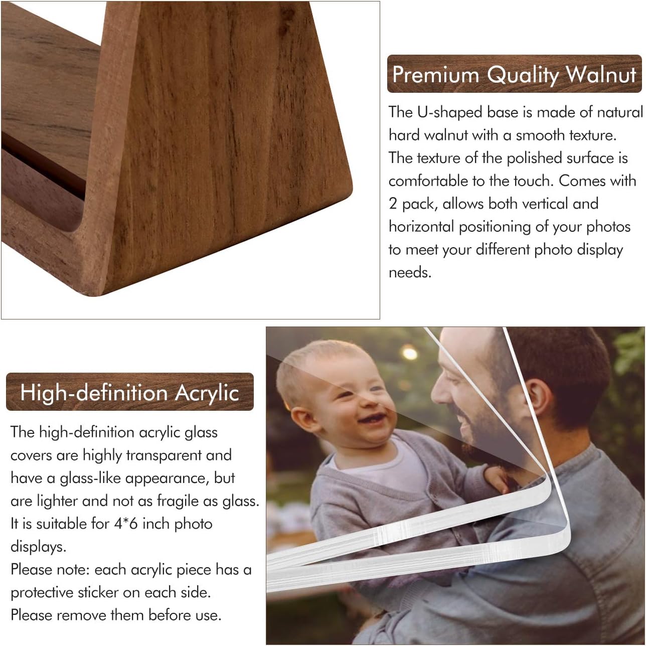 Mixoo 4x6 Picture Frame 2 Pack - Rustic Wooden Picture Frames with Walnut Wood Base and High Definition Break Free Acrylic Photo Covers for Desk Tabletop Display Graduation Gifts Teacher Appreciation Gifts (Horizontal + Vertical)