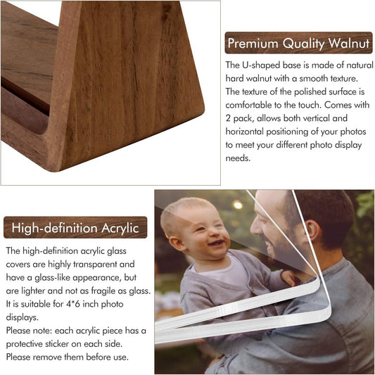 Mixoo 4x6 Picture Frame 2 Pack - Rustic Wooden Picture Frames with Walnut Wood Base and High Definition Break Free Acrylic Photo Covers for Desk Tabletop Display Graduation Gifts Teacher Appreciation Gifts (Horizontal + Vertical)