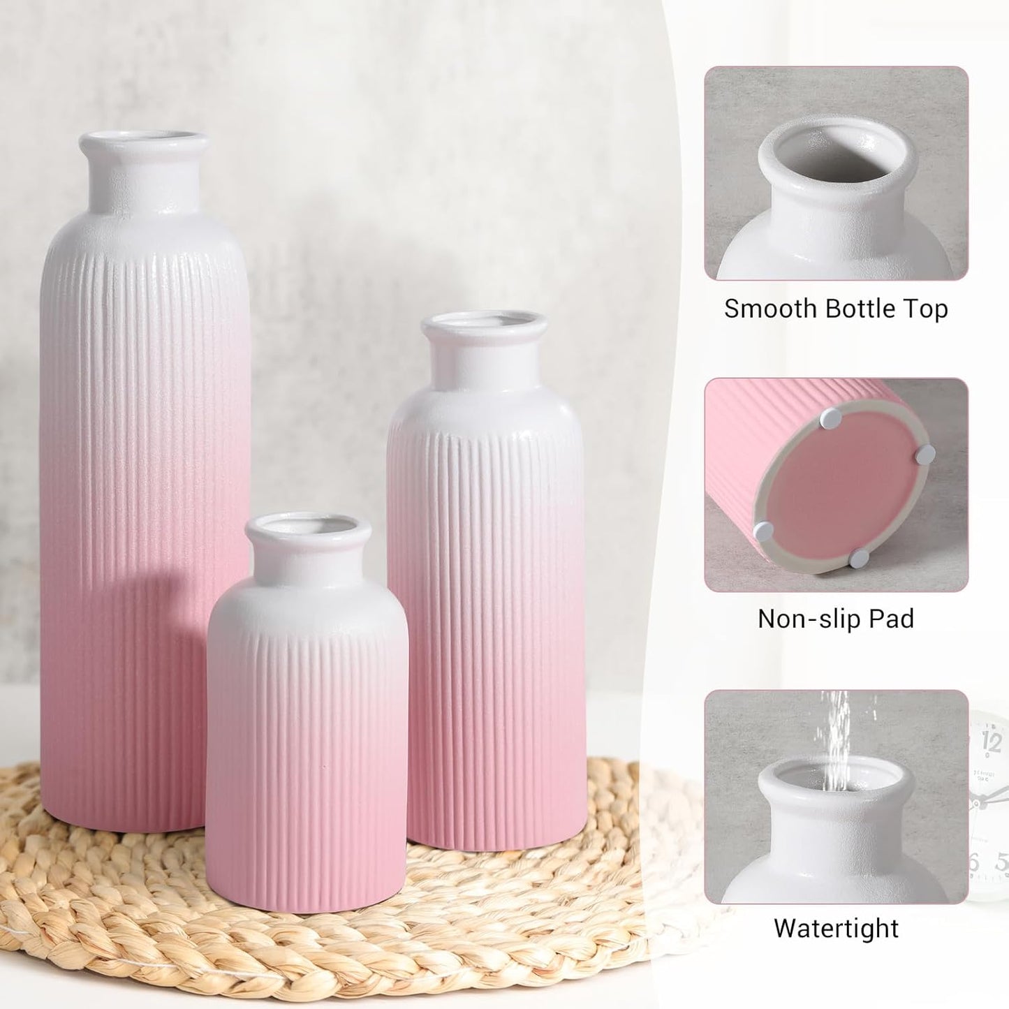 Small White Ceramic Vase Set of 3, Boho Modern White Flower Vase Room Decor, Farmhouse Decor, Vases for Your Kitchen, Bathroom, Bedroom, Living Room, Office&Shelf Centerpiece Table Decorations