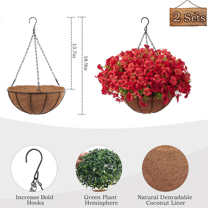 Hananona 2 Set Artificial Outdoor Flowers with Hanging Basket, 2 Hanging Planters with 24 Pcs Flowers for Spring Summer Front Porch Garden Patio Home Decor (2, Red, Purple, Yellow, Rose Red)