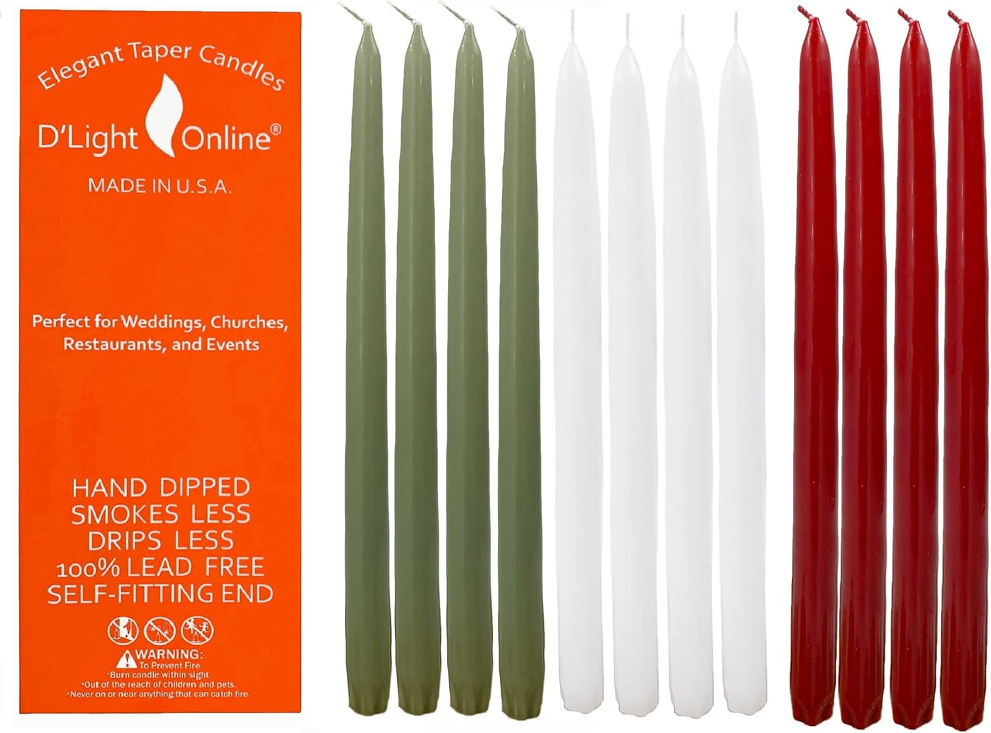 D'light Online White Taper Candles, 10 Inch Premium Quality Candles Hand-Dipped Tapered Candles, Dripless, Smokeless and Unwrapped Bulk Pack for Events - Set of 12 (10 Inch, White)