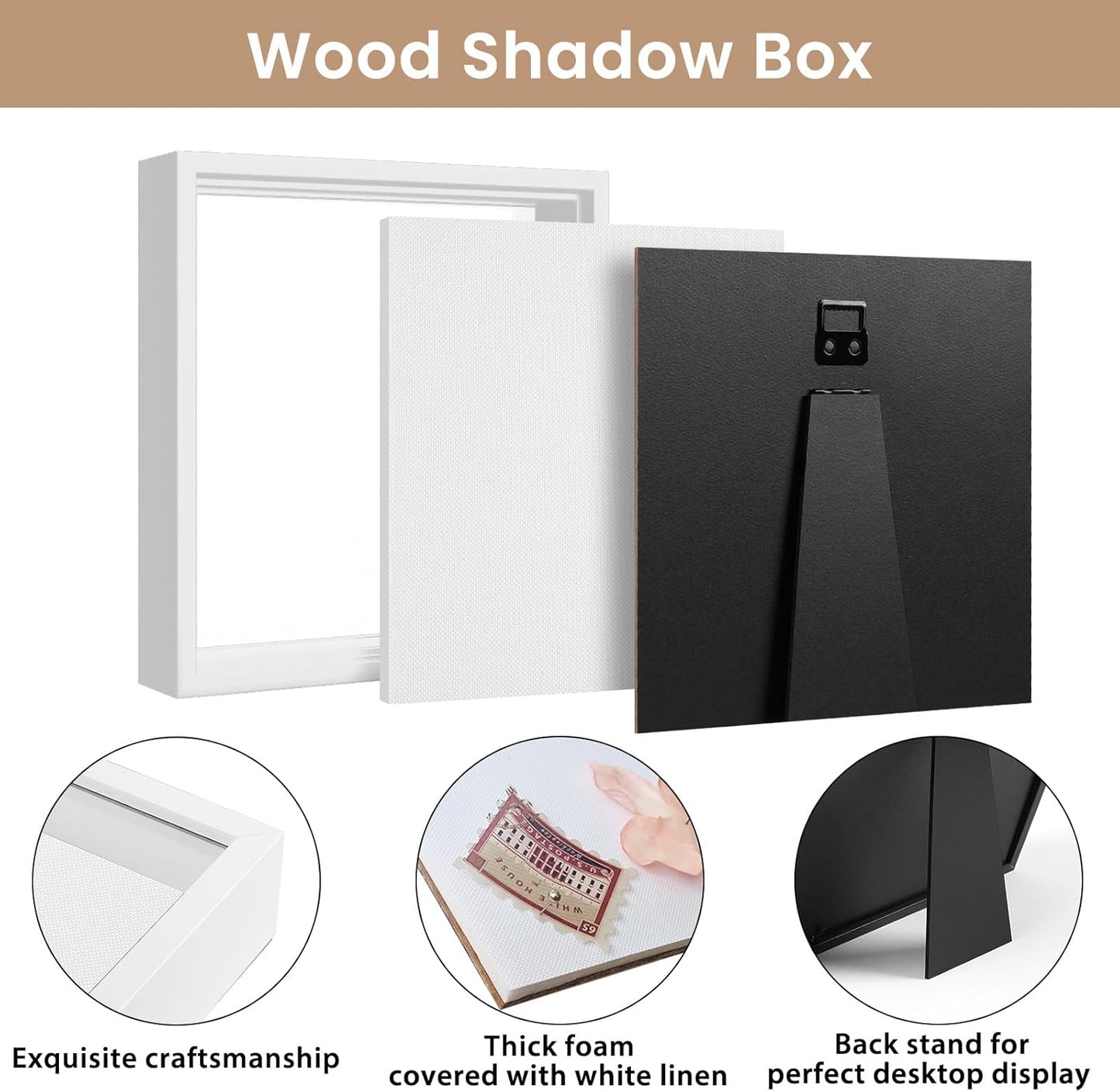 Califortree 8x8 Shadow Box Frame with Soft Linen Back - Push Pins Included, Memory Box Display Case for Flower, Tickets and 3D Items, Black
