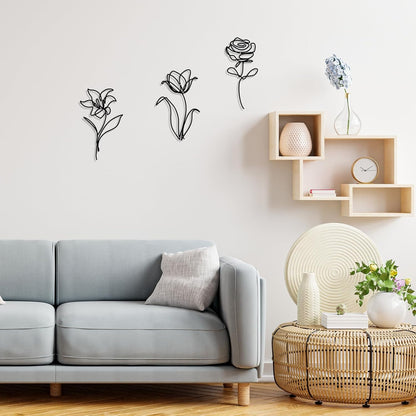 Oubasa Metal Flowers Wall Art Set of 3, Farmhouse Floral Home Decoration, Modern Line Art Flower Wall Decor for Living Room Bedroom Bathroom, Minimalist Botanical Wall Sculpture – Lily, Tulip, Rose
