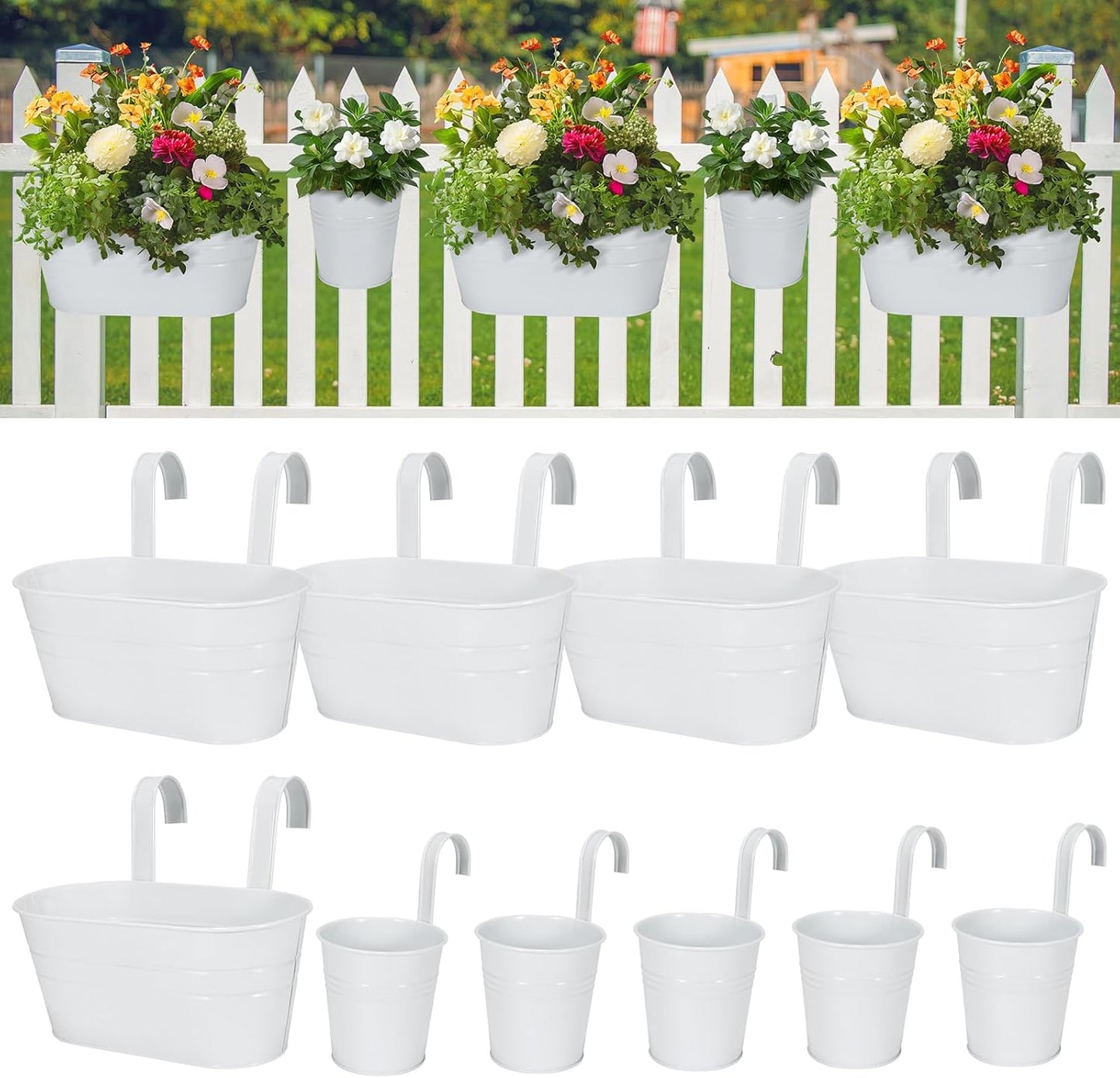 HowRU Metal Iron Flower Pots for Railing Fence Hanging Bucket Pots(5 Pcs) and Hanging Flower Pots Metal Iron Bucket Planter(10 Pcs) (Black)
